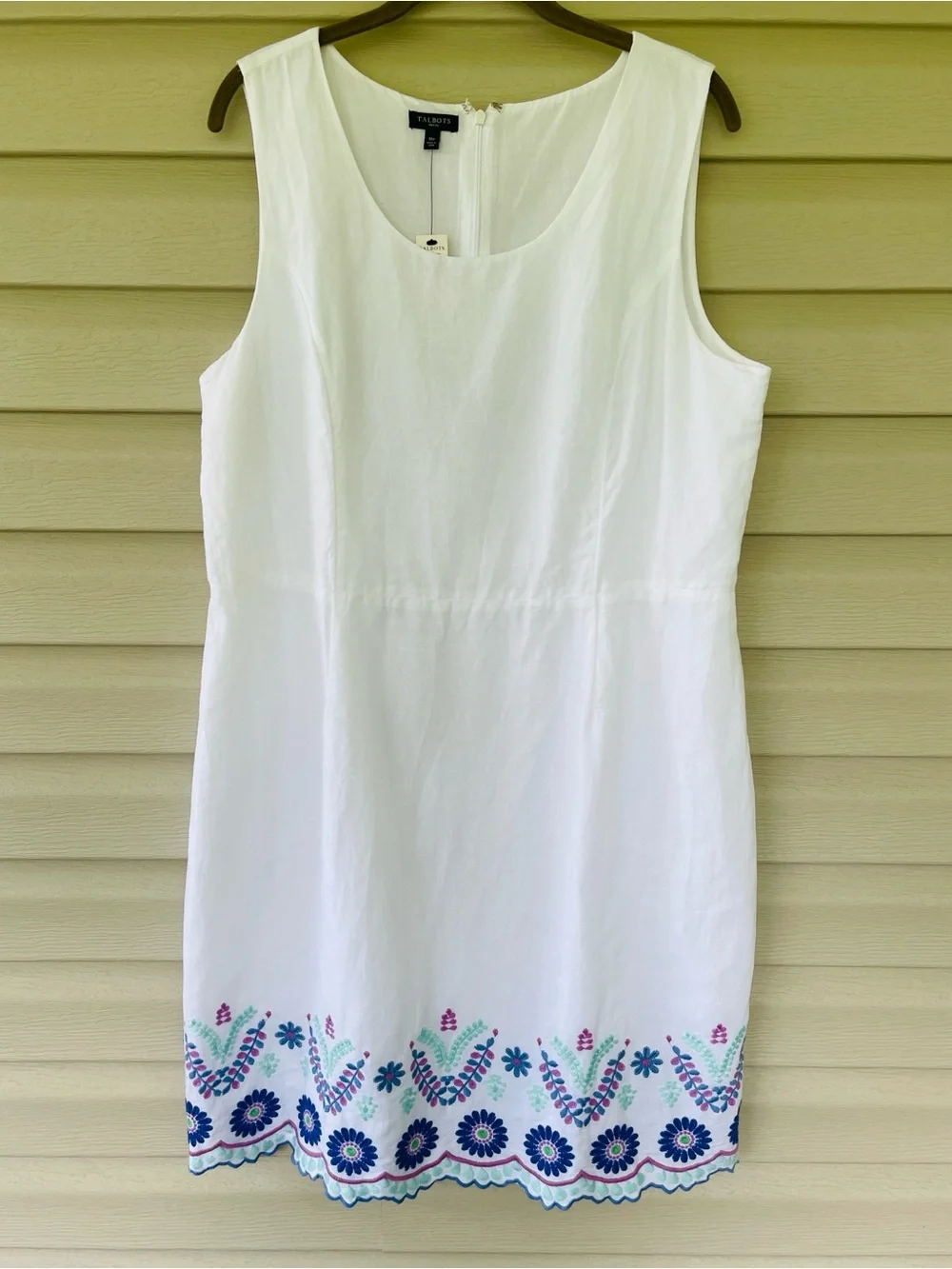 Talbots White Linen Blend Embroidered Hem Sleeveless Sheath Dress Size 16P NWT